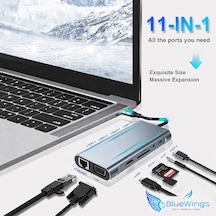 Apple Uyumlu Macbook Pro Air Type C Hub Pd Şarj Hdmı Sd Network Vga Girişli 11 İn 1 Çevirici Dönüştürücü Çoklayıcı Lan+type-c+sd Card+usbx4+audio+hdmı+vga