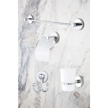 MultiStore Krom Uzun Havluluk/Tuvalet Kağıtlığı/Bornoz Askısı/Diş Fırçalık 4'lü Banyo Aksesuar Seti Krom