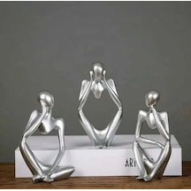 3 Lü Polyester Gümüş Soyut Düşünen Adam Heykel Biblo