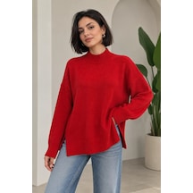 Park Karon Kadın Yarım Balıkçı Dik Yaka Yanı Yırtmaçlı Oversize Triko Kazak 8771 Kırmızı