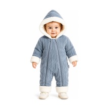 Tatlı Unisex Bebek Fitilli Kadife Kozmonot Tulum Peluş Kürklü Kapüşonlu Çift Fermuarlı Kışlık Bebek Tulumu Mavi