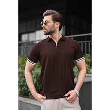 Madmext Erkek Kahverengi Polo Yaka Fermuarlı Tişört 6876 Kahverengi