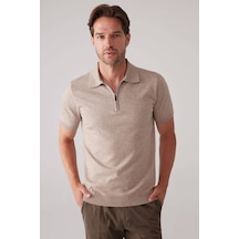 Erkek Vizon Slim Fit Yarım Fermuarlı Pamuk-kaşmir Polo Tişört