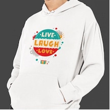 Sevgililer Gününe Özel Live Laughe Love Temalı Cepli Kapşonlu Sweatshirt Beyaz