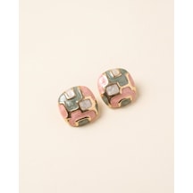 Bilfa Altın Renk Pembe Yeşil Mineli Geometrik Küpe