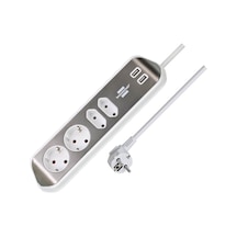 Estilo Köşe Priz Çubuğu, 4'lü Yüksek Kaliteli Paslanmaz Çelik Yüzeyli, Köşe Prizi, 2 X Schuko Priz Ve 2 X Euro Priz, Usb Şarj Fonksiyonu Dahil, Gümüş/beyaz 1