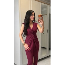 Efnaz Style Kadın Kısa Kollu V Yakalı Önü Sarmal Detaylı Yırtmaçlı Sandy Midi Elbise Bordo