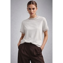 Kadın Beyaz Bisiklet Triko Yaka Kısa Kollu Basic T-shirt Beyaz