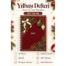A5 Spiralli Defter 2027 Takvimli 50 Yaprak 100 Sayfa Çizgili Kırmızı Yılbaşı Desenli Not Defteri
