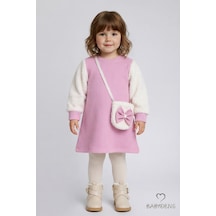Babyden's Bayramlık Şık Ve Rahat Kız Bebek Elbise Çantalı Yumuşak Peluş Kollu Kışlık Çocuk Kombini Pembe