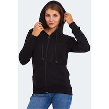 Slazenger KATYA Kadın Fermuarlı Kapüşonlu Cepli Siyah Sweatshirt