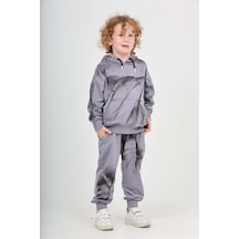 Toontoy Kids Toontoy Erkek Çocuk 2'li Takım Hype Baskılı Kapüşonlu Cepli Sweatshirt & Beli Paçası Lastikli Cepli Jogger Eşofman Altı - 2 İplik Koyu Gri