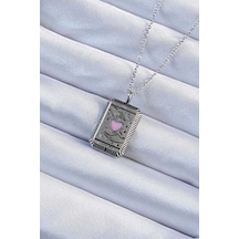316l Çelik Zincir Eskitme Gümüş Renk Pembe Mineli Kalp Figürlü Tarot Kolye Çok Renkli