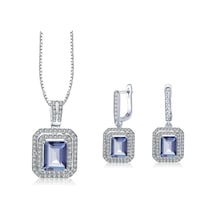 Brezza Lusso Jewelry Safir Full Taş Baget Attractive Kadın Kolye Küpe Seti