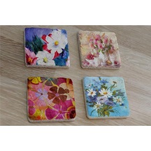 Renkli Papatyalar Doğal Taş Bardak Altlığı 4'lü Set - Natural Stone Coasters - Taş Çok Renkli