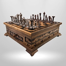 Mc02 Metalicraft Premium Metal Satranç Takımı - Doğal Ahşap Çekmeceli Ceviz Tahta - El Yapımı