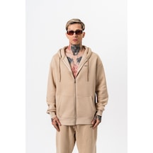 Erkek Respire Yazı Detaylı Kapüşonlu Basic Zip Oversize Hoodie Bej