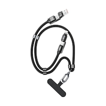 Bix 240w Usb-a Ve Usb-c Ve Lightning Çok Fonksiyonlu Askı İpli Premium Örgü 1.5 Metre Yüksek Hızlı Şarj Ve Veri Kablosu Siyah