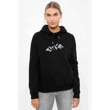 Silhouette Mountains Baskılı Siyah Kadın Kapşonlu Sweashirt