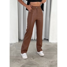 Gugus Kadın Suni Deri Palazzo Bol Paça İçi Polarlı Termal Kışlık Wide Lege Trend Pantolon Taba