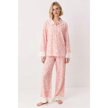 Benerly Kadın Gömlek Yaka Uzun Kol Shally Dokuma Pijama Takımı Fonksiyone Pembe
