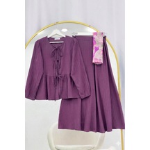 Lovie Moda Önü Bağlamalı Kol Lastikli Etekli Takım Mor