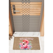 Rugmood Modern Dijtal Baskı Hoşgeldiniz Flamingo Kapı Önü Paspası Kahverengi