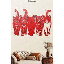 Kedi Çetesi Beşli Kedi Silüeti Metal Duvar Dekoru - Metal Duvar Sanatı - Kırmızı - 30 X 20 Cm