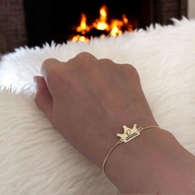 Ü Harfine Özel Taç Figürlü 14 Ayar Altın Plakalı Zincirli Hediye Bileklik-492harf Ü