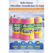 Bella House Mikrofiber Temizlik Bezi 12 Adet 4'lü 3 Rulo Çok Amaçlı Yüksek Emici Mikrofiber Temizlik Bezi Seti Çok Renkli