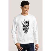Gamblıng King Skull Baskılı Beyaz Erkek Örme Sweatshirt