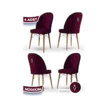 Canisa Ritim Serisi 4 Adet Mürdüm Sandalye 1.sınıf Babyface Ithal Kumaş Doğal Ahşap Ayak Gümüş Halkalı Sandalye Mürdüm Ayaklar Doğal Ahşap