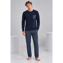 Pijamask Erkek Lacivert Ekose Pantolonlu Cepli Uzun Kollu Pijama Takımı Lacivert