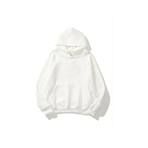 3 İplik Pamuklu Unisex Kapşonlu Sweetshirt - Beyaz