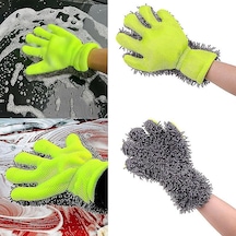 Çift Taraflı Mikrofiber Şönil Tüylü 5 Parmaklı Araba Oto Yıkama Temizlik Eldiveni Yeşil Gri