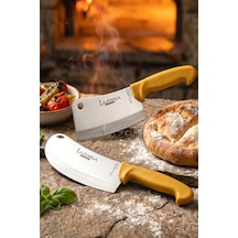 Lazbisa Mft-012 Gold Serisi Pide Börek Mutfak Bıçağı Salata Pizza Bıçak Kıyma Satırı Doğrama 2 Li Set Sarı