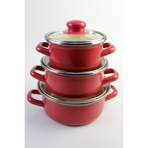 3 Lü Lüks Emaye Mini Tencere Seti Kırmızı 12/14/16cm