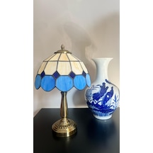 Yüceeller El Yapımı Eskitme Vitray Retro Abajur Masa Lambası Mavi