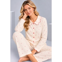 Pijamask Kadın Çiçek Desenli Bebe Yaka Düğmeli Uzun Kollu Müslin Pijama Takımı Ekru