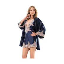 Moongirl Lacivert Saten 3'Lü Pijama Gecelik Sabahlık Takım