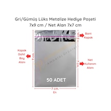 7x9 Cm Gümüş Renk Bantlı Lüks Metalize Hediyelik Poşet 50 Adet