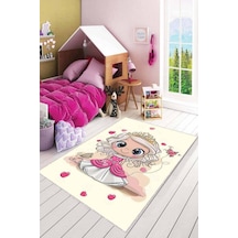 Krem Kaymaz Tabanlı Yıkanabilir Prensesli Çocuk Halısı Ar044n11