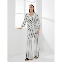 Koton Bol Paça Pantolon Yüksek Bel Rahat Kesim Dokulu Siyah Çizgili 4sak40003uk 4SAK40003UK9S9 Siyah
