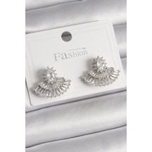 Pirinç Gümüş Renk Zirkon Taşlı Yelpaze Model Kadın Küpe Çok Renkli