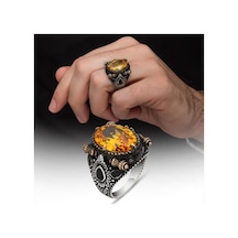 Sarı Sitrin Taşlı 925 Gümüş Erkek Yüzük Beyaz