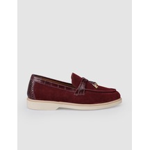 %100 Hakiki Deri Bordo Süet Kadın Loafer Bordo