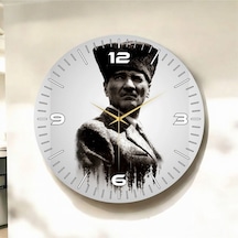 Siyah Beyaz Renkli Baskı Atatürk Portre Desenli Sayılı Hediyelik Ahşap Sessiz Duvar Saati 50cm ÇOk Renkli