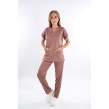 Unisex Elit Likra Sütlü Kahve Hemşire Ve Doktor Üniforma Takımı Scrubs Kahverengi