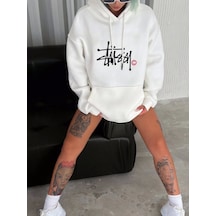 Üç İplik Kapşonlu Baskılı Sweatshirt - Beyaz Beyaz