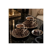 2 Kişilik 4 Parça Leopar Desenli Türk Kahvesi Fincan Takımı, Gold Detaylı Şık Kahve Seti Siyah